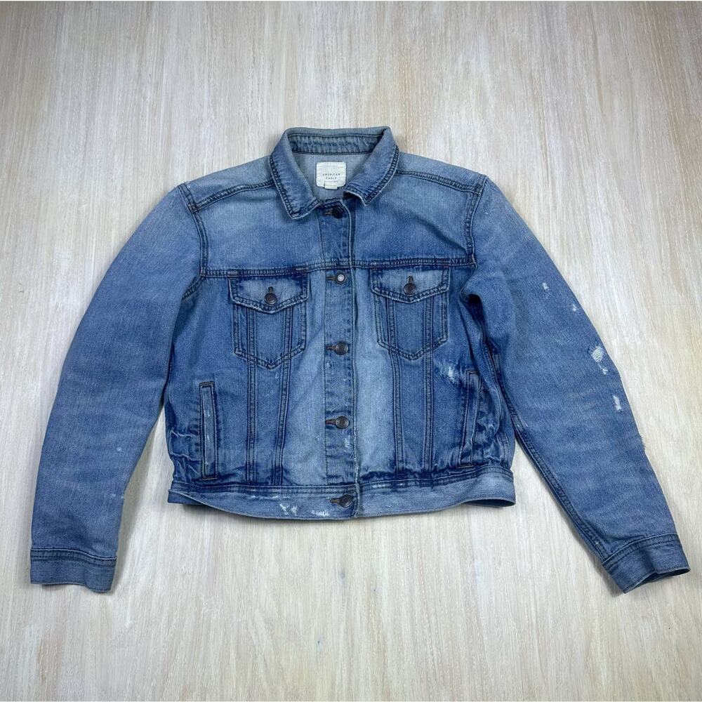 American Eagle Distressed Cropped Denim Jacket Classic Casual Fitted Jean Medium